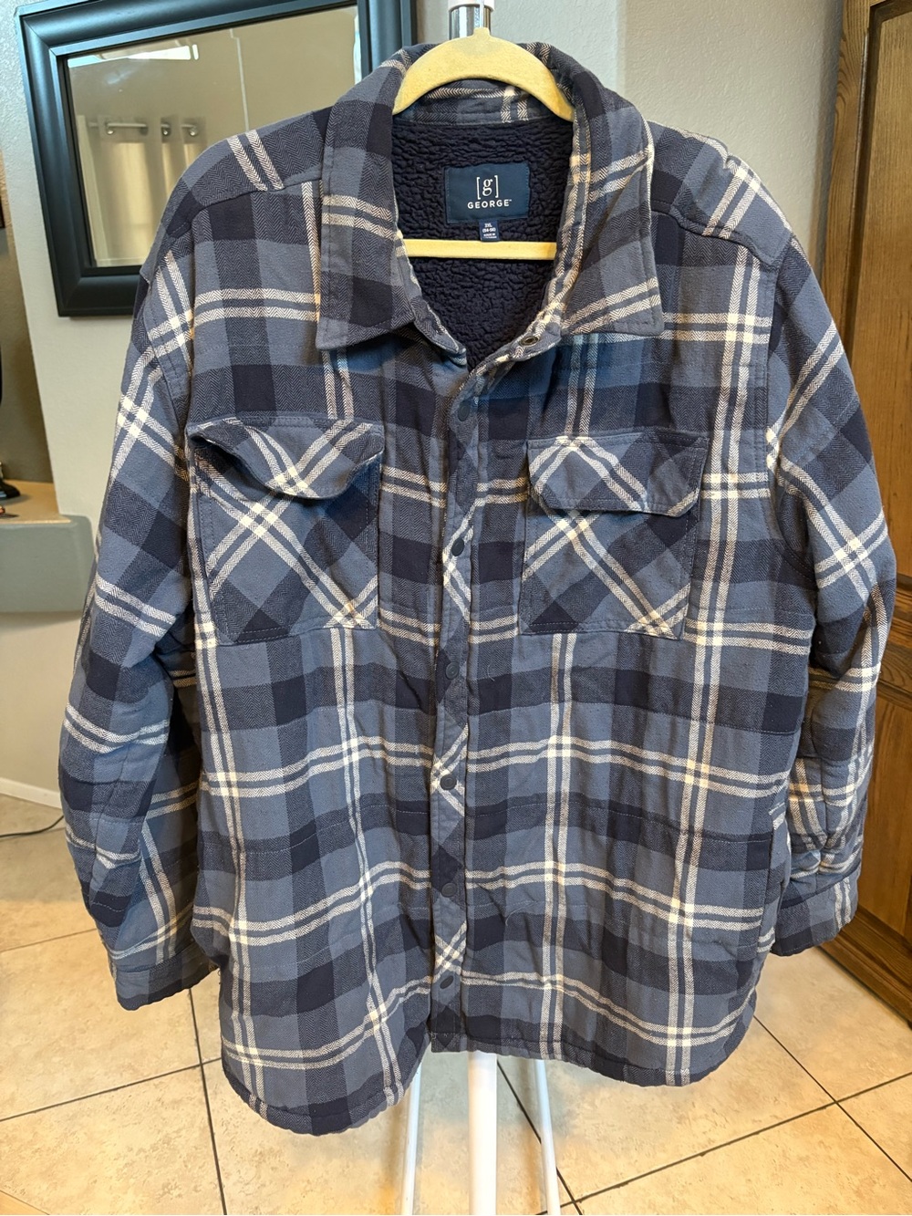 George Men's Plaid Flannel Shacket Sherpa Fleece Lined Blue Grey Button Up 3XL